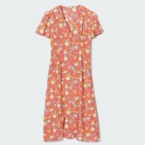 Uniqlo Dress Women XS Red Tropical Floral Midi Shirtdress Button Down Flare Twee